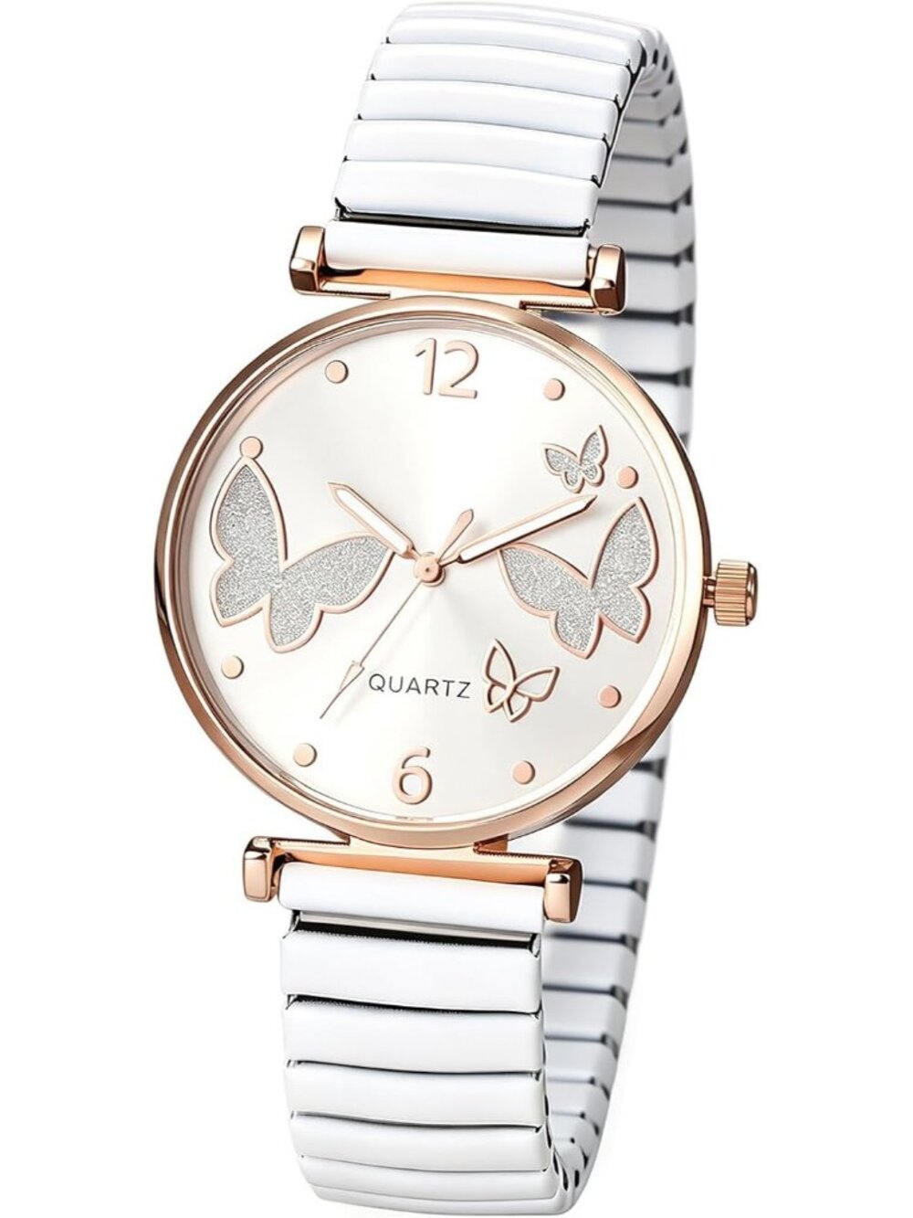 Women's White Elastic Bangle Butterfly Stainless Steel Expansion Strap Watches
